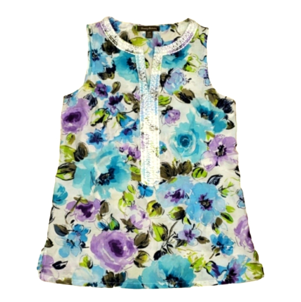 Tommy Bahama Silk Floral Blouse Women's Size Small Aqua Blue Purple White